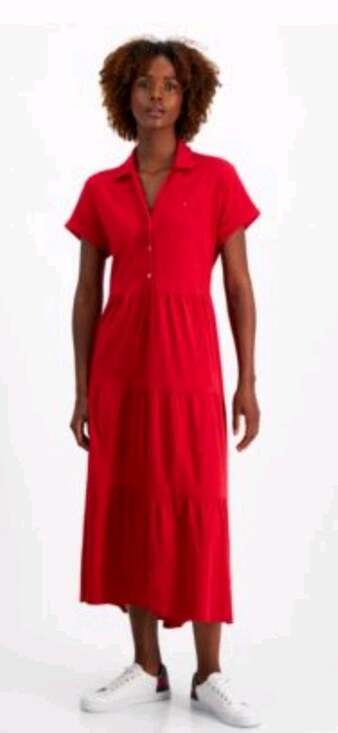 UMGEE Dresses & Skirts - Umgee Red Button Front Tiered Shirt Dress Size Large Bohemian Style Split V Neck
